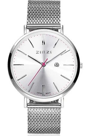 ZinZi Retro horloge zilvergekleurde wijzerplaat en kast stalen mesh band 38mm extra dun ZIW402M
