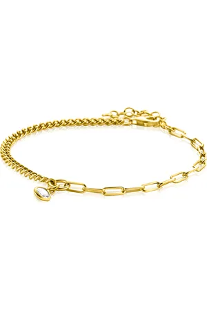 ZinZi Gold plated zilveren armband met twee trendy schakels gecombineerd: gourmet en paperclip schakels. Met in het midden een bungelende witte zirconia 17-20cm ZIA2480