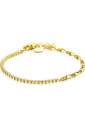 ZinZi Gold plated zilveren fantasie schakel armband (2,3mm breed) waarbij de ene helft bezet is met witte zirconia