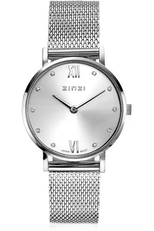 ZinZi Lady Crystal horloge zilvergekleurde wijzerplaat en kast stalen mesh band, witte crystals bij uuraanduiding, 28mm extra dun ZIW628M