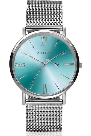 ZinZi Roman horloge blauw-groen gekleurde wijzerplaat, stalen kast stalen mesh band 34mm extra dun ZIW511M