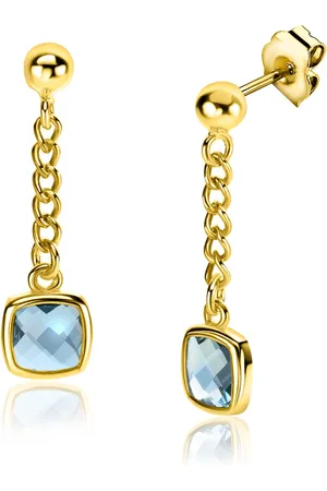 ZinZi 25mm gold plated zilveren oorstekers met gourmet kettinkje en vierkante zetting bezet met indigo blauwe kleursteen ZIO2417G