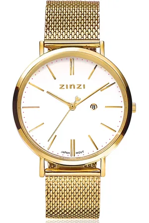ZinZi Retro horloge witte wijzerplaat en geelgoudkleurige stalen kast stalen mesh band geelgoudkleurig 38mm extra dun ZIW407M