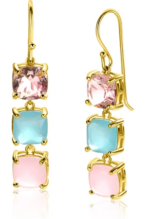 ZinZi 43mm gold plated zilveren oorhangers met drie trendy vierkante kleurstenen in en turquoise ZIO2454