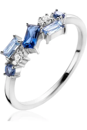 ZinZi Zilveren ring met ronde en rechthoekige zettingen, bezet met witte en blauwe kleurstenen ZIR2293