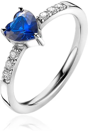 ZinZi Zilveren ring hart saffierblauw en witte zirconia