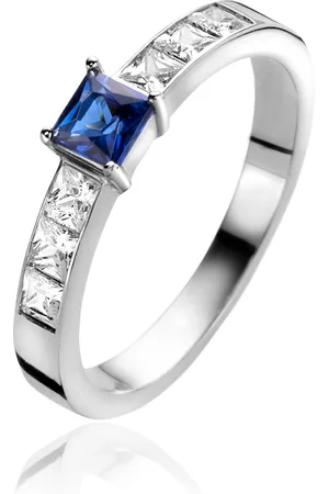 ZinZi Zilveren ring vierkant saffierblauw en witte zirconia
