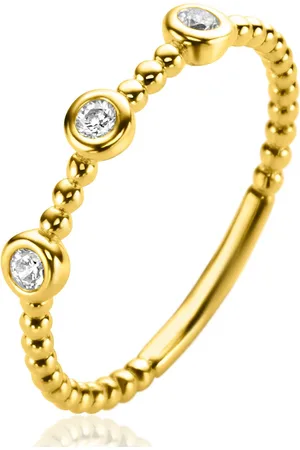 ZinZi Gold 14 krt gouden ring met bolletjes scheen en bezet met drie ronde witte zirconia