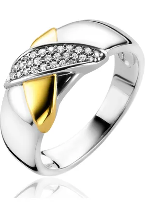 ZinZi Zilveren bicolor ring cross-over bezet met witte zirconia