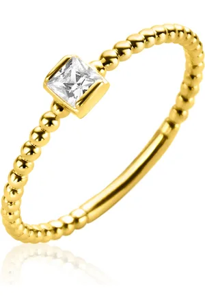 ZinZi Gold 14 krt gouden ring met bolletjes scheen en bezet met een ronde witte zirconia in vierkante zetting van 3,5mm ZGR310