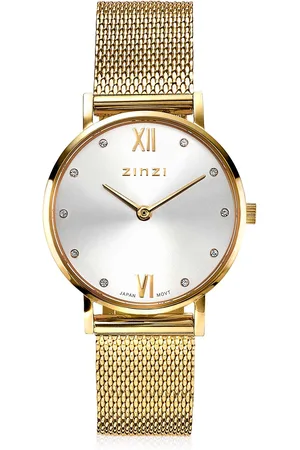 ZinZi Lady Crystal horloge zilvergekleurde wijzerplaat, geelgoudkleurige kast en stalen mesh band, witte crystals bij uuraanduiding, 28mm extra dun ZIW633M