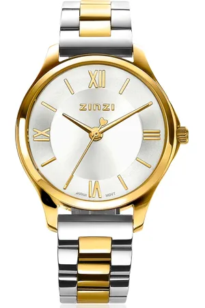 ZinZi Classy Mini horloge 30mm zilverkleurige wijzerplaat goudkleurige stalen kast en bicolor band ziw1233