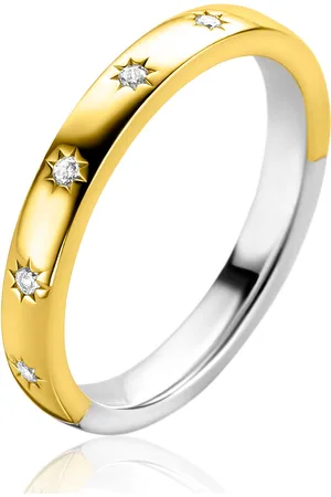 ZinZi Gold plated zilveren aanschuifring met zeven ster-zettingen, bezet met witte zirconia