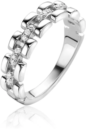 ZinZi Zilveren ring met rolex-style schakels en de middenbaan bezet met witte zirconia