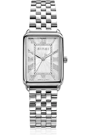 ZinZi Elegance horloge witte wijzerplaat en rechthoekige kast stalen schakelband 28mm extra dun ZIW1906
