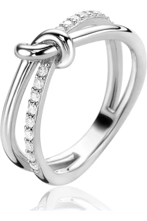 ZinZi Zilveren cross-over ring met knoop en bezet met witte zirconia