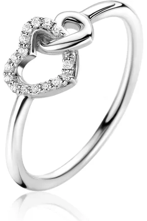 ZinZi Zilveren ring 2 hartjes met elkaar verbonden, 1 hart bezet met witte zirconia