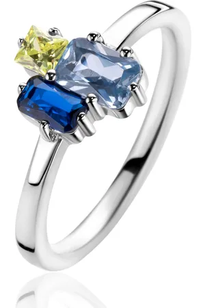 ZinZi Zilveren ring met rechthoekige zettingen, bezet met licht groene, licht blauwe en saffier blauwe kleurstenen ZIR2496