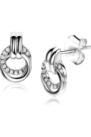 ZinZi Zilveren oorstekers 13mm met elkaar verbonden ronde vormen glad en witte zirconia ZIO2266