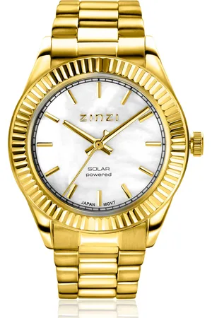 ZinZi Solaris horloge met witte parelmoer wijzerplaat, stalen geelgoudkleurige kast 35mm en stalen band met clip-sluiting. Het Japanse uurwerk loopt op zon- en kunstlicht ZIW2134