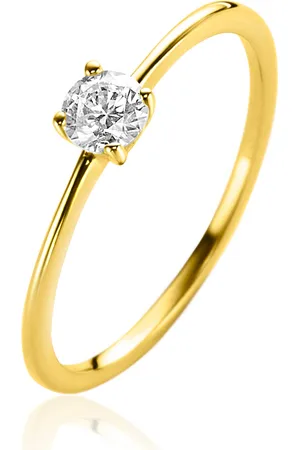 ZinZi Gold 14 krt gouden ring bezet met een ronde witte zirconia in vierpootszetting (4mm) ZGR385