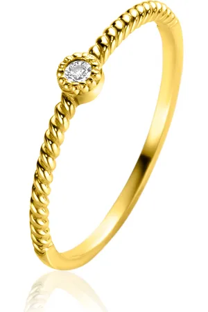 ZinZi Gold 14 krt gouden ring met gedraaide scheen en bezet met een ronde witte zirconia in bolletjes zetting van 3mm ZGR481