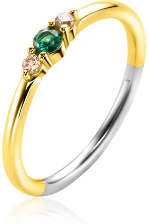 ZinZi Gold plated zilveren ring met ronde chatonzettingen diepgroen en champagne kleurstenen 3mm breed ZIR2562