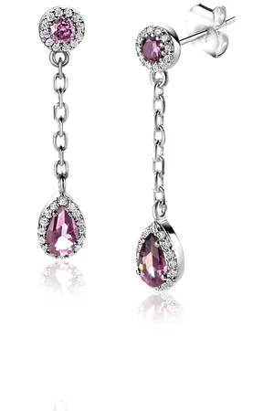 ZinZi 25mm zilveren oorstekers met schakelkettinkje en druppelvormige paarse kleursteen en witte zirconia