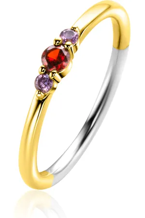 ZinZi Gold plated zilveren ring met ronde chatonzettingen granaat en paarse kleurstenen 3mm breed ZIR2563
