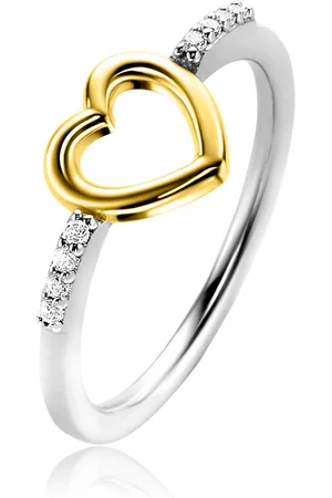ZinZi Zilveren ring met gold plated open hartje 8mm en witte zirconia