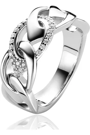 ZinZi Mart Visser by zilveren ring 9mm breed, met open peervormige schakels, bezet met witte zirconia