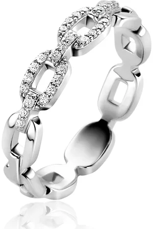 ZinZi Zilveren schakelring met trendy ovale schakels, schitterend bezet met witte zirconia