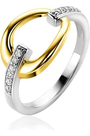 ZinZi Zilveren bicolor ring met gold plated open druppelvorm, witte zirconia