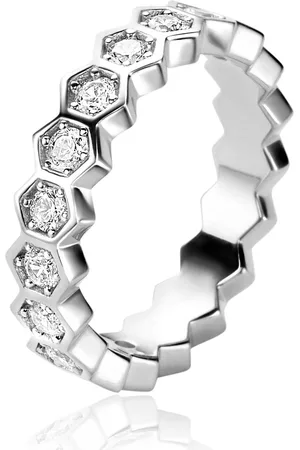 ZinZi Zilveren brede ring met zeshoeksvormen, bezet met witte zirconia