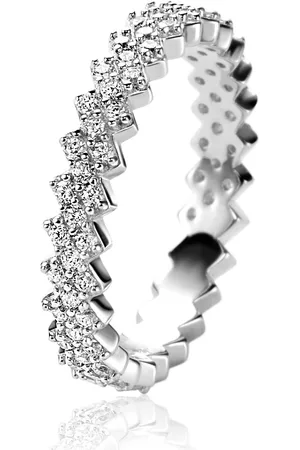 ZinZi Zilveren ring met smalle rechthoekjes, trapsgewijs naast elkaar geplaatst en schitterend bezet met witte zirconia