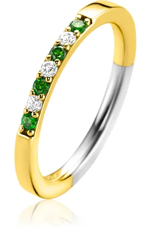 ZinZi Gold plated zilveren aanschuifring 2mm breed in chatonzettingen bezet met diepgroene kleurstenen en witte zirconia