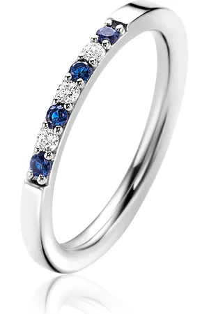 ZinZi Zilveren aanschuifring 2mm breed in chatonzettingen bezet met donkerblauwe kleurstenen en witte zirconia