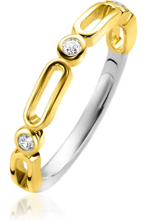 ZinZi Gold plated zilveren aanschuifring 3mm breed met open ovale vormen en ronde witte zirconia
