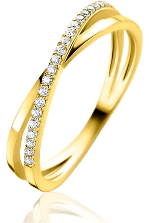 ZinZi Gold 14 krt gouden ring met cross-over design: glad en bezet met witte zirconia