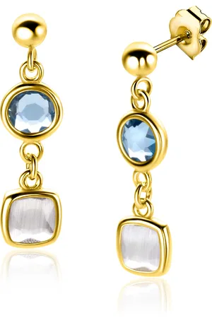 ZinZi 28mm gold plated zilveren oorstekers rond vierkant jeansblauw en witgrijs ZIO2526G
