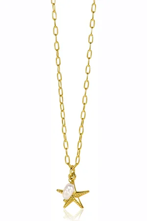 ZinZi Gold plated zilveren ketting met paperclip-schakels en grote zeester hanger met ovale witte zoetwaterparel 40-45cm ZIC2641