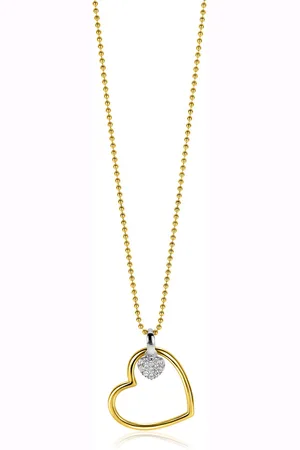 ZinZi Gold plated zilveren bolletjes ketting met grote open hart hanger 20mm en bungelend luxe hartje 45-48cm ZIC2621