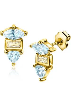 ZinZi 9,5mm gold plated zilveren oorstekers met drie verschillende vormen van zettingen, bezet met champagne en blauwe kleurstenen ZIO2630BC