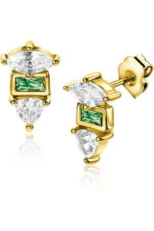ZinZi 9,5mm gold plated zilveren oorstekers met drie verschillende vormen van zettingen, bezet met groene en witte kleurstenen ZIO2630G