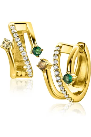 ZinZi 16mm gold plated zilveren multi-look oorringen met 3 rijen, bezet met groene kleurstenen en witte zirconia