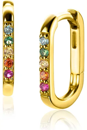 ZinZi 14mm gold plated zilveren luxe oorringen in ovale vorm bezet met regenboog kleurstenen ZIO2598