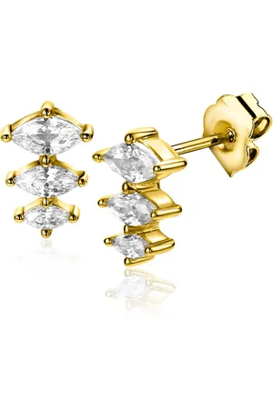 ZinZi 8mm gold plated zilveren oorstekers met drie peervormige zettingen in aflopende grootte, bezet met witte zirconia
