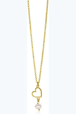 ZinZi Gold plated zilveren ketting met open hartje en bungelend witte zoetwaterparel 40-45cm ZIC2642