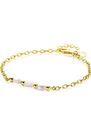 ZinZi Gold plated zilveren schakelarmband met drie witte natuurlijk gevormde zoetwaterparels in het midden 17-19cm ZIA2643