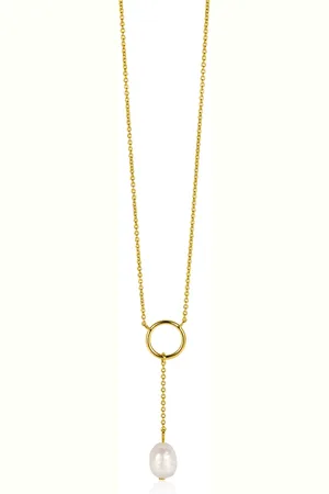 ZinZi Gold plated zilveren Y-ketting met open rondje en bungelend witte zoetwaterparel in organische vorm 42-45cm ZIC2615